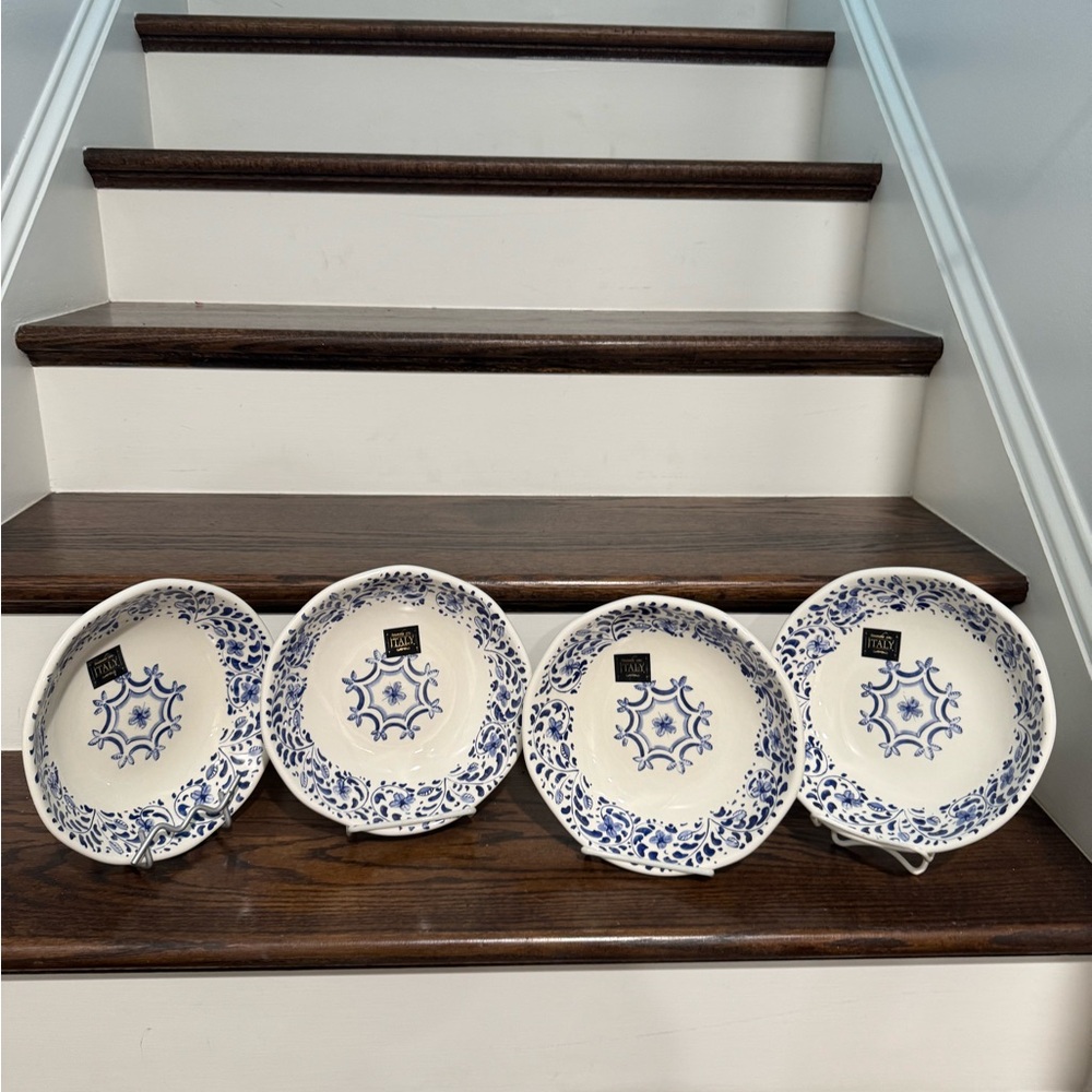 EFFETTI  ITALIAN CERAMIC BLUE FLORAL PASTA BOWLS SET OF 4